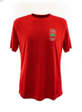 A vibrant red England Rugby team t-shirt with the iconic rose emblem and "England Rugby" text on the chest, presented on a clean white background.