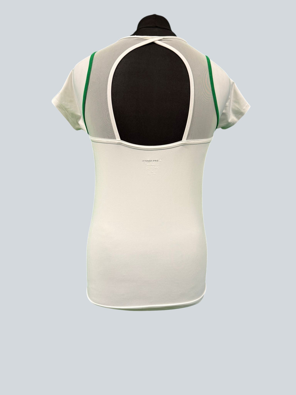 Bjorn Borg white V-neck tennis top with green trim, mesh back cutout, and short raglan sleeves.