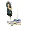 Brooks Ghost running trainers in grey and blue with cushioned sole, side and outsole view on display stand
