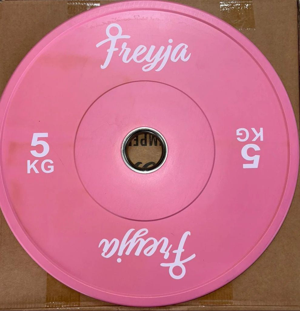 Single 5kg pink bumper weight plate with Freyja logo and steel centre ring