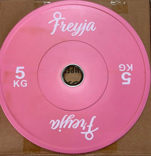 Single 5kg pink bumper weight plate with Freyja logo and steel centre ring