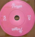 Single pink 5kg Freyja Fit bumper plate with white logo and weight marking