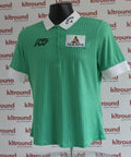 Front view of Callaway green golf polo shirt with white collar and sponsor logos