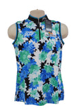 Callaway sleeveless polo shirt in blue and green floral pattern, displayed on mannequin