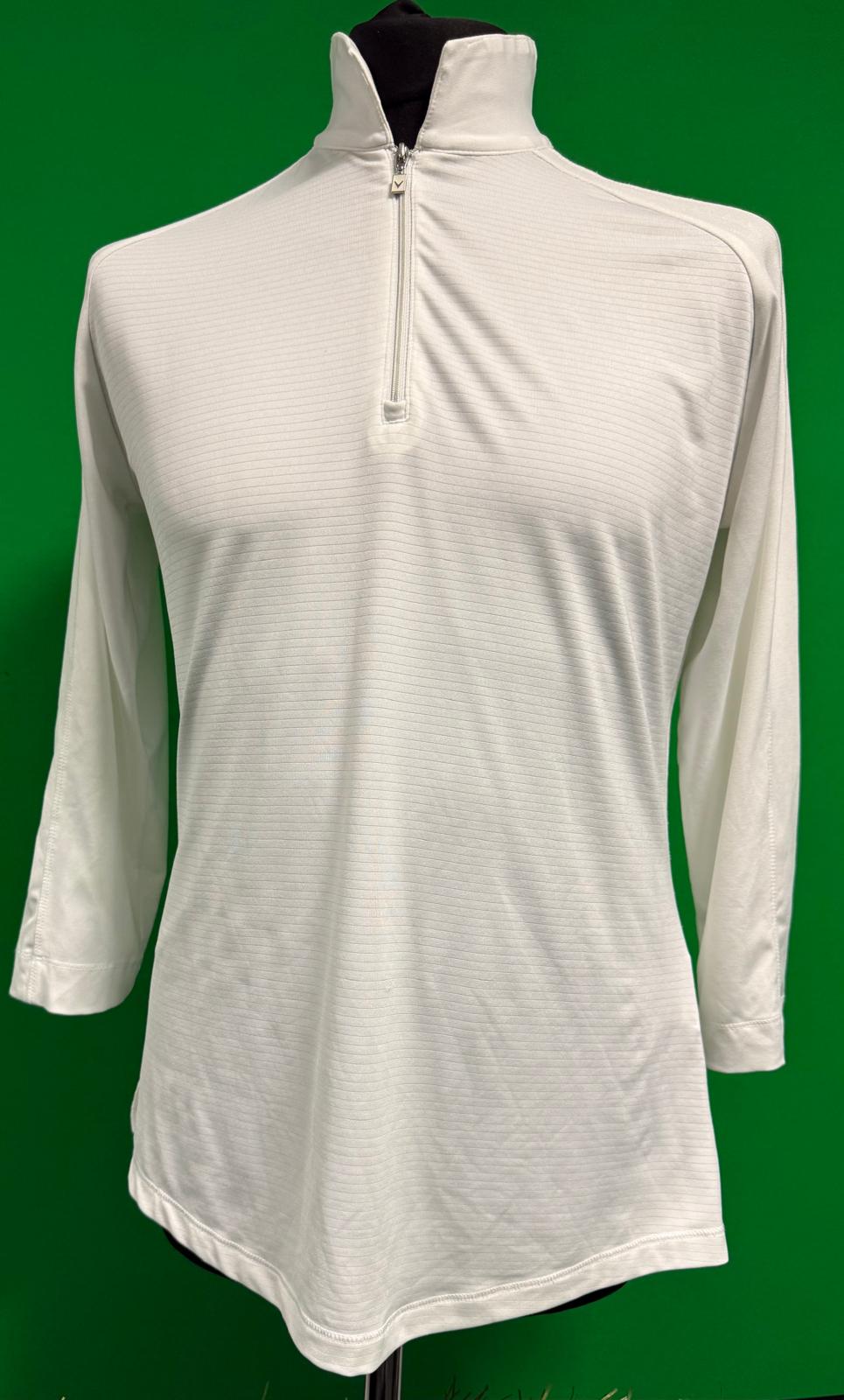 Front view of Callaway women's white 1/4 zip top displayed on mannequin, long sleeves, standing collar
