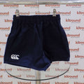 Front view of navy Canterbury rugby shorts with logo