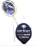Carlton Powerblade C300 badminton racket with matching cover, displayed upright on grassy surface