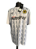 Front view of Castore Wolverhampton Wanderers men's football jersey in white XL with geometric pattern and club badge