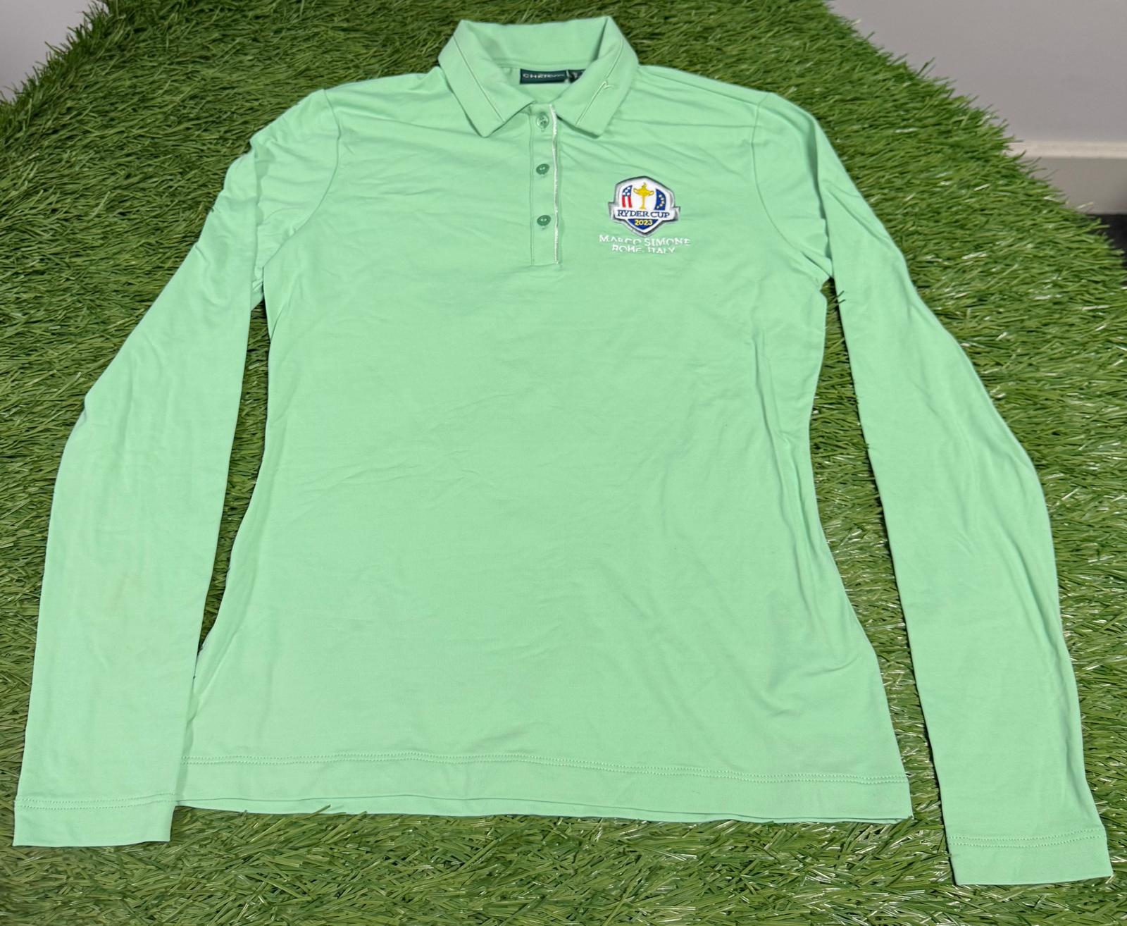 Green long sleeve collared polo shirt featuring Ryder Cup 2023 embroidery