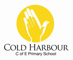 Yellow circle with a white silhouette hand outline in the middle. The logo for COld Harbour Church of England Primary School
