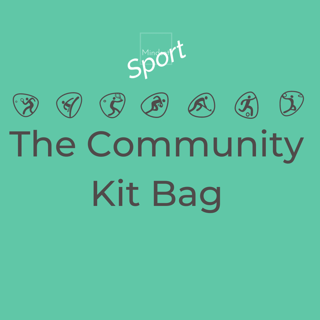 Promotional graphic for 'The Community Kit Bag' with icons and 'Mighty Sport' branding on a teal background.