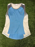 Front view of Craft light blue women's athletic vest top with white mesh side panels and grey shoulder accents