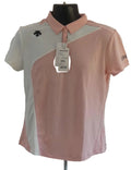 Front view of Descente pink and white short sleeved polo shirt with tags attached on mannequin