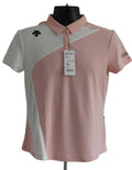 Front view of Descente pink and white polo shirt on mannequin