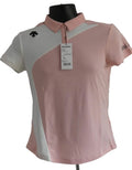 Front view of Descente pink and white short-sleeved polo shirt on mannequin