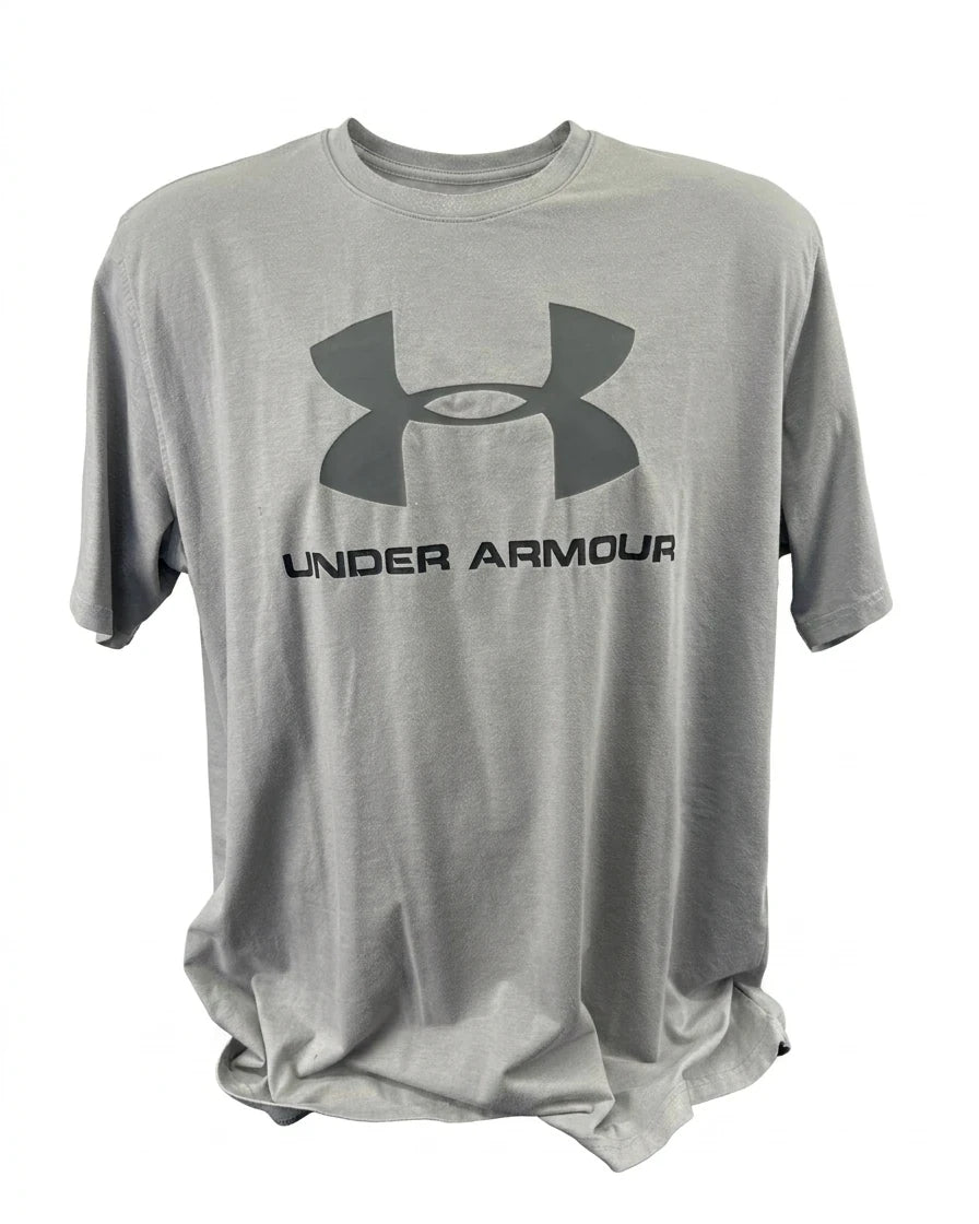 Enhanced Front view of grey Under Armour loose fit t-shirt XL with large logo