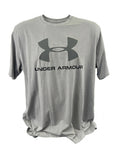 Enhanced Front view of grey Under Armour loose fit t-shirt XL with large logo