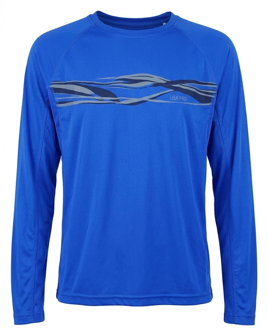 A clean product shot of the Women's USA Pro long-sleeved blue t-shirt with its grey graphic chest print, isolated against a solid white background.