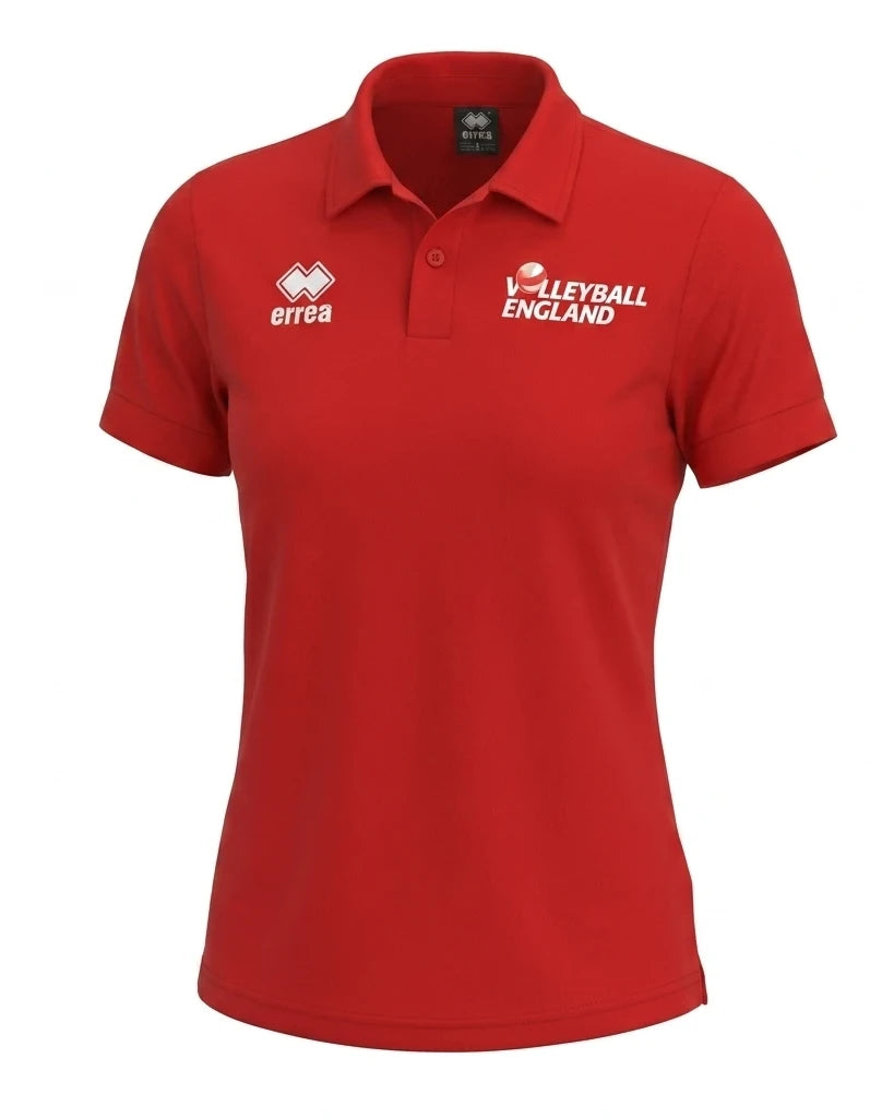 Enhanced Front view of Women's Volleyball England red polo shirt, size small