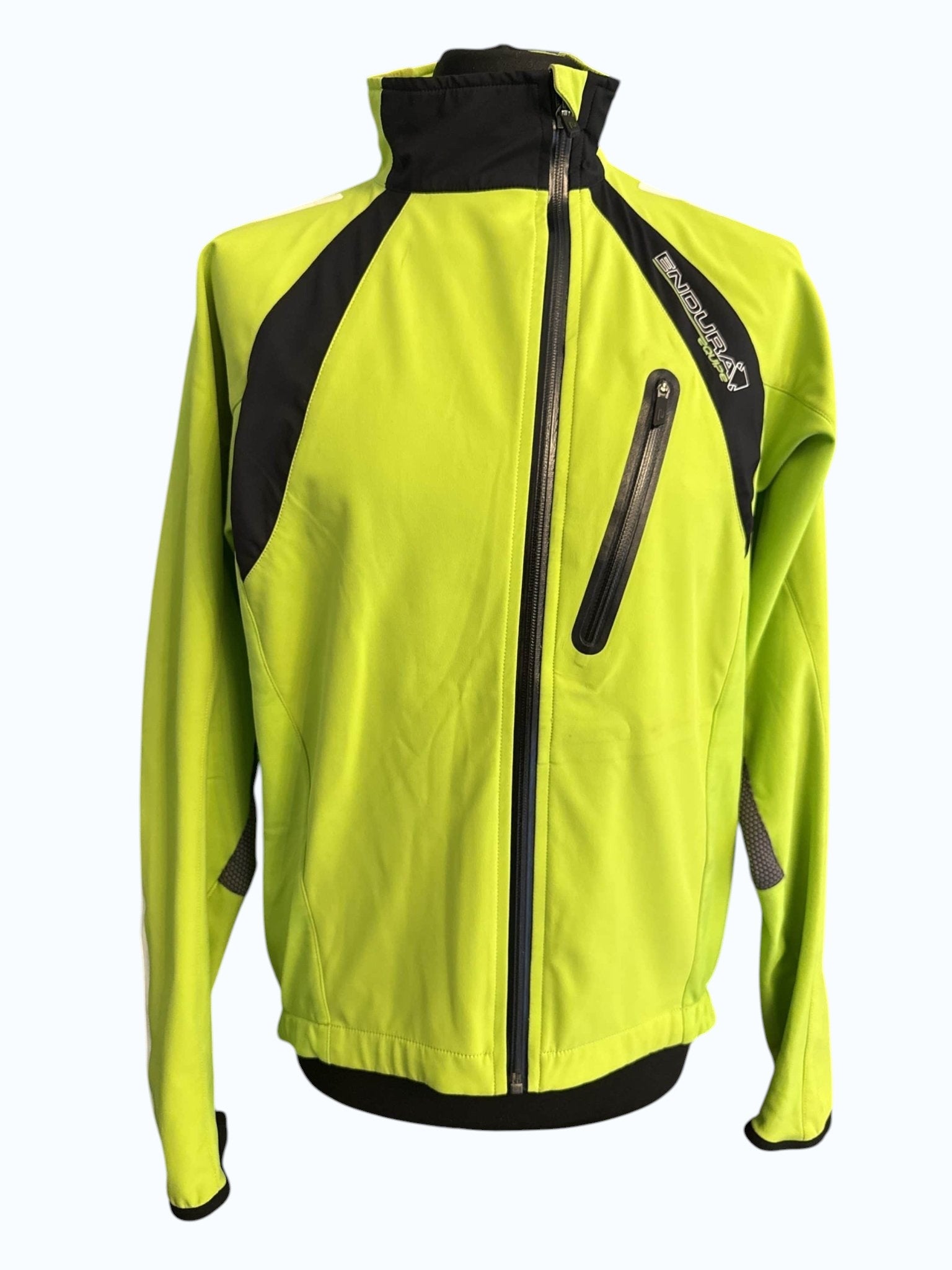 Endura windproof cycling jacket in bright yellow with black accents, full zip, chest and rear pockets. High visibility.