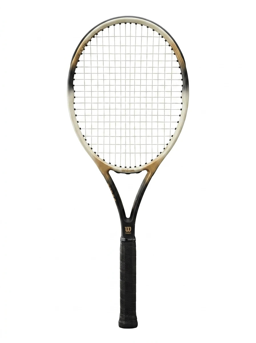 Enhanced Front view of Wilson Hammer 6.2 tennis racket showing black and gold frame
