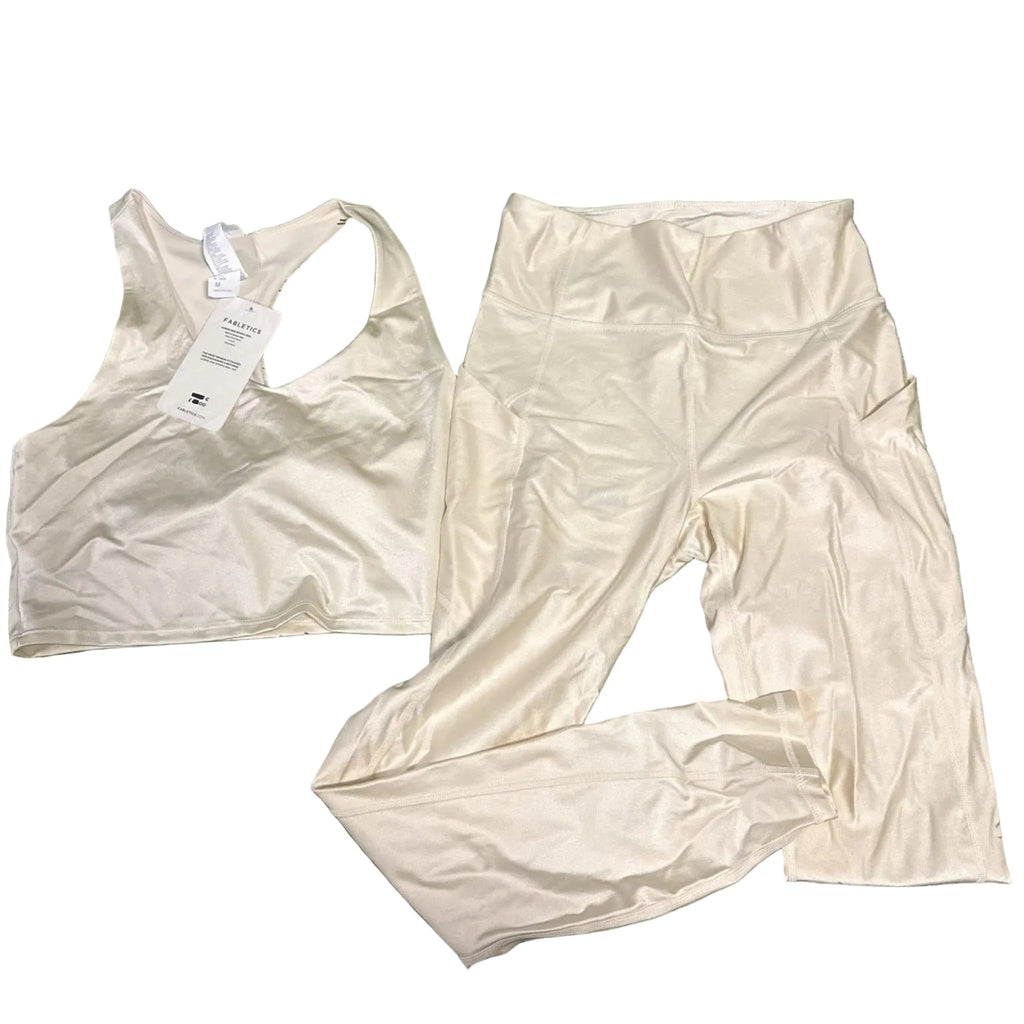 Fabletics cream activewear set with sports bra and leggings, size medium