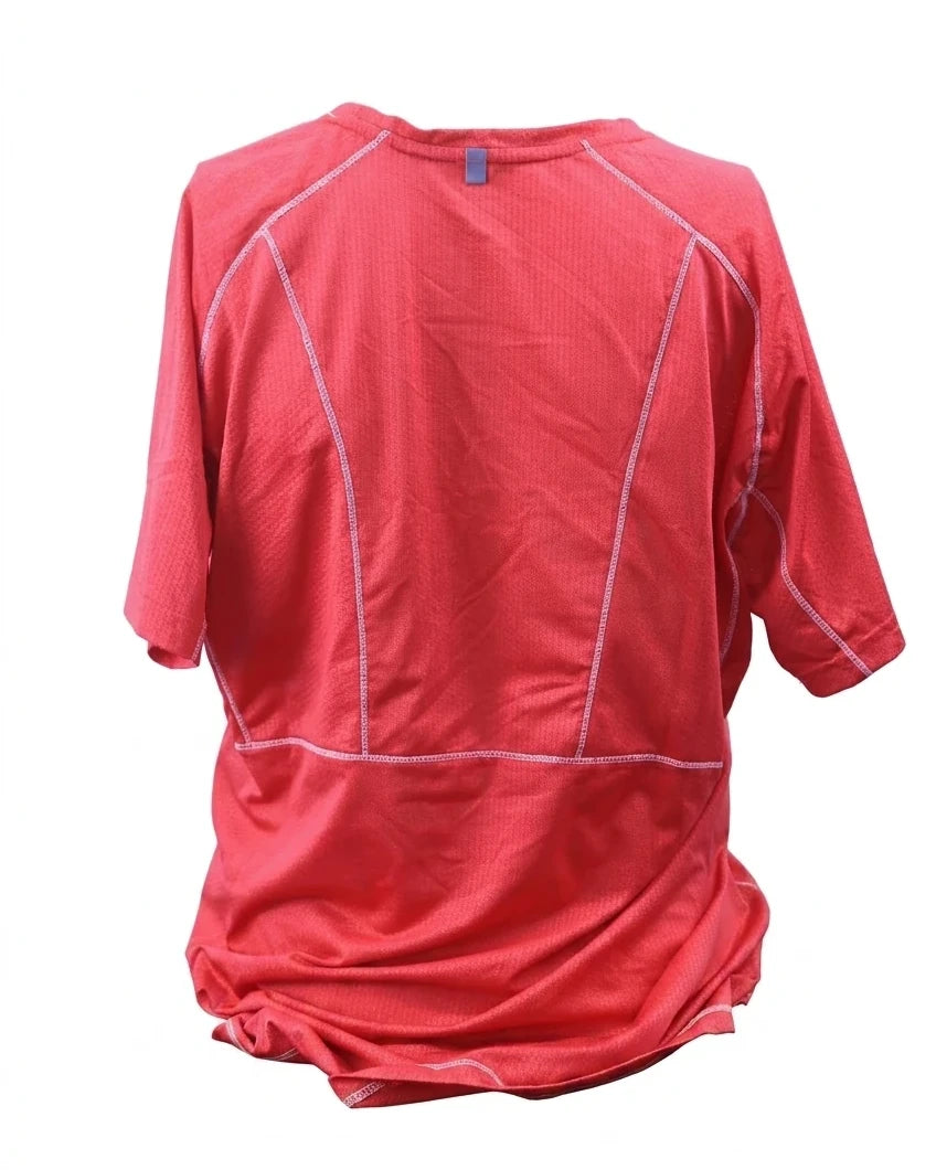 A clear product shot of the rear of a women's red Regatta short-sleeved t-shirt with grey flatlock stitching and a small grey neck tag, isolated on a white background.