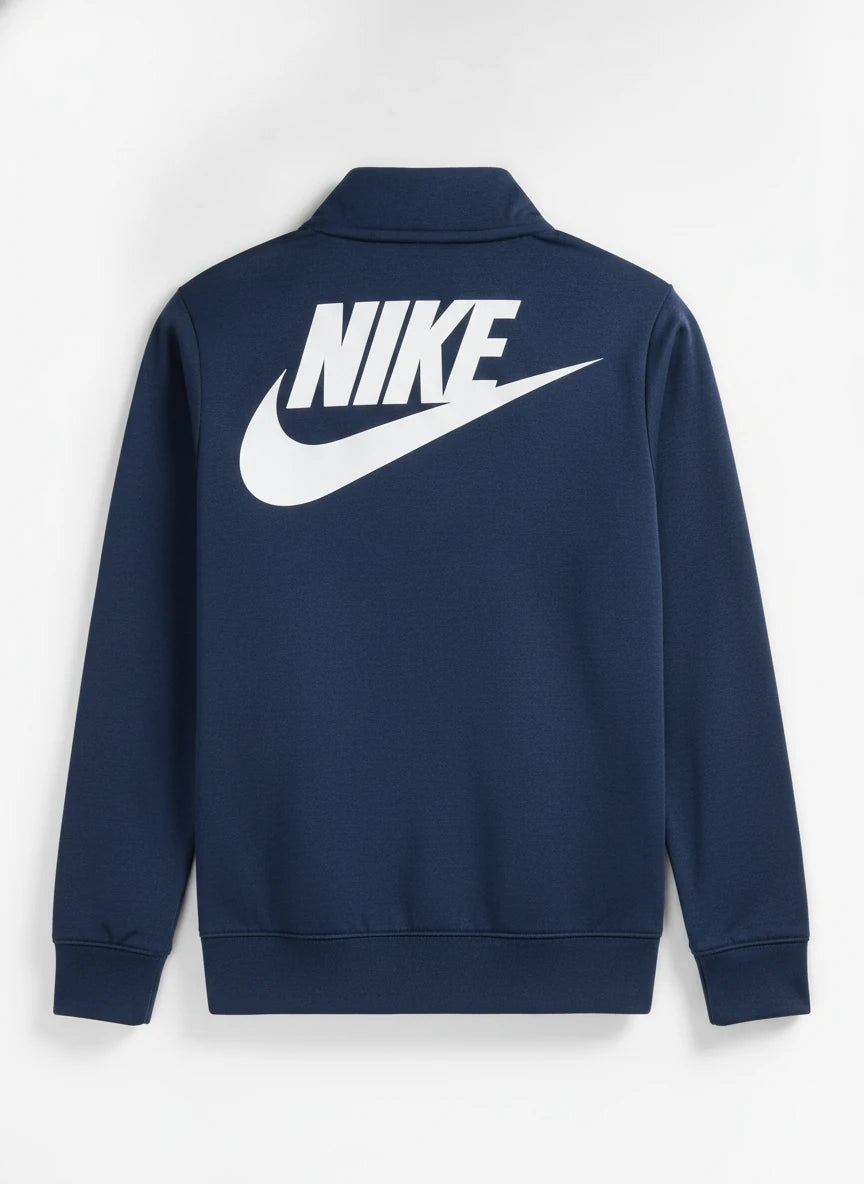 A professional studio photograph of a Kid's Nike Blue-Dark Tracksuit Top, age 9-10 years, centered on a clean white background with soft studio lighting.