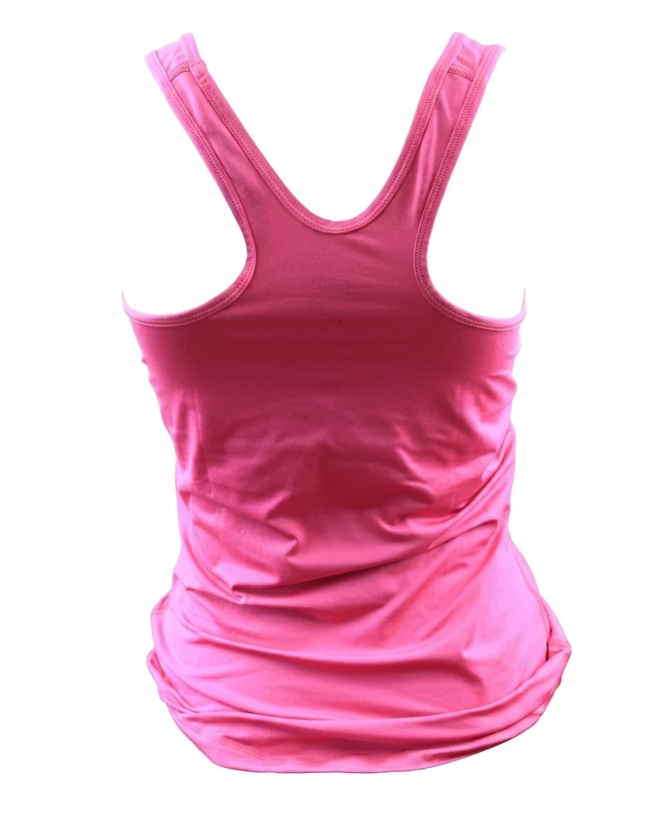 A women's pink Nike racerback fitness top displayed in isolation against a clean white background.