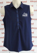 Front view of navy Foray sleeveless golf polo with Chevron Championship logo