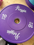 Purple 10kg Freyja bumper plate with white logo and weight marking
