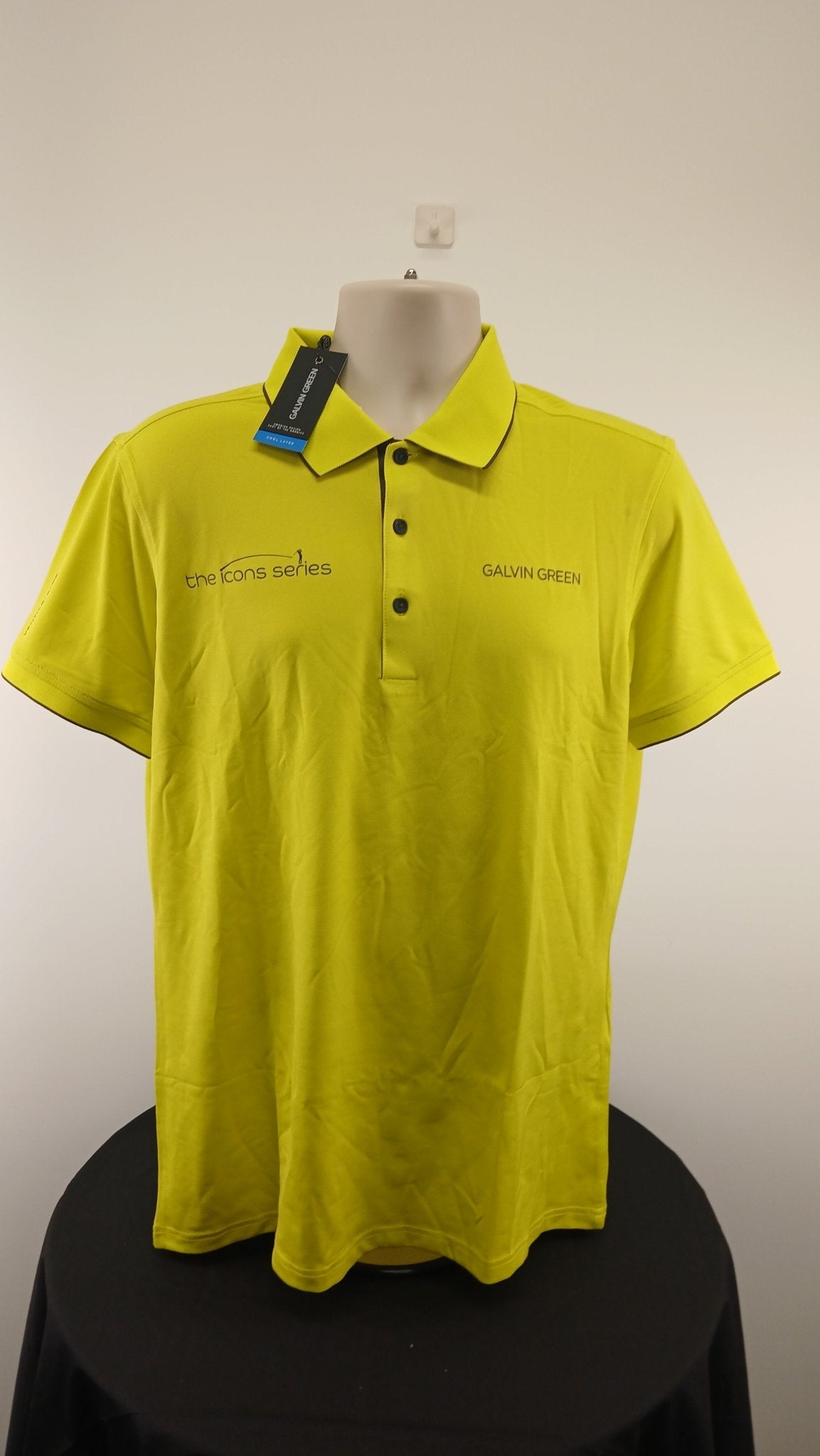 Front view of Galvin Green Icons Series lemonade yellow golf polo shirt size M