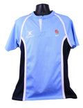 Front view of Gilbert RFU rugby shirt in light blue with RFU crest