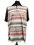 Multi-coloured Greg Norman striped polo shirt with black sleeves and red, grey, and black horizontal stripes, displayed on a mannequin