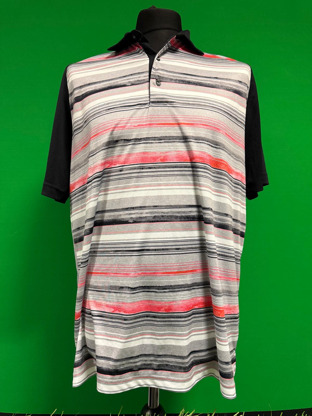 Multi-coloured Greg Norman striped polo shirt with black sleeves and red, grey, and black horizontal stripes, displayed on a mannequin