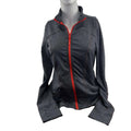 Front view of grey running jacket with red zipper on mannequin