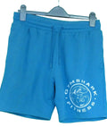 Front view of blue Gymshark Fitness shorts with drawstring and logo.