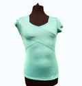 Head women's turquoise short sleeve V-neck tennis top with overlapping seam details and a fitted silhouette.