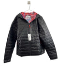 Front view of England Netball women's black quilted jacket with graffiti lining and zip closure