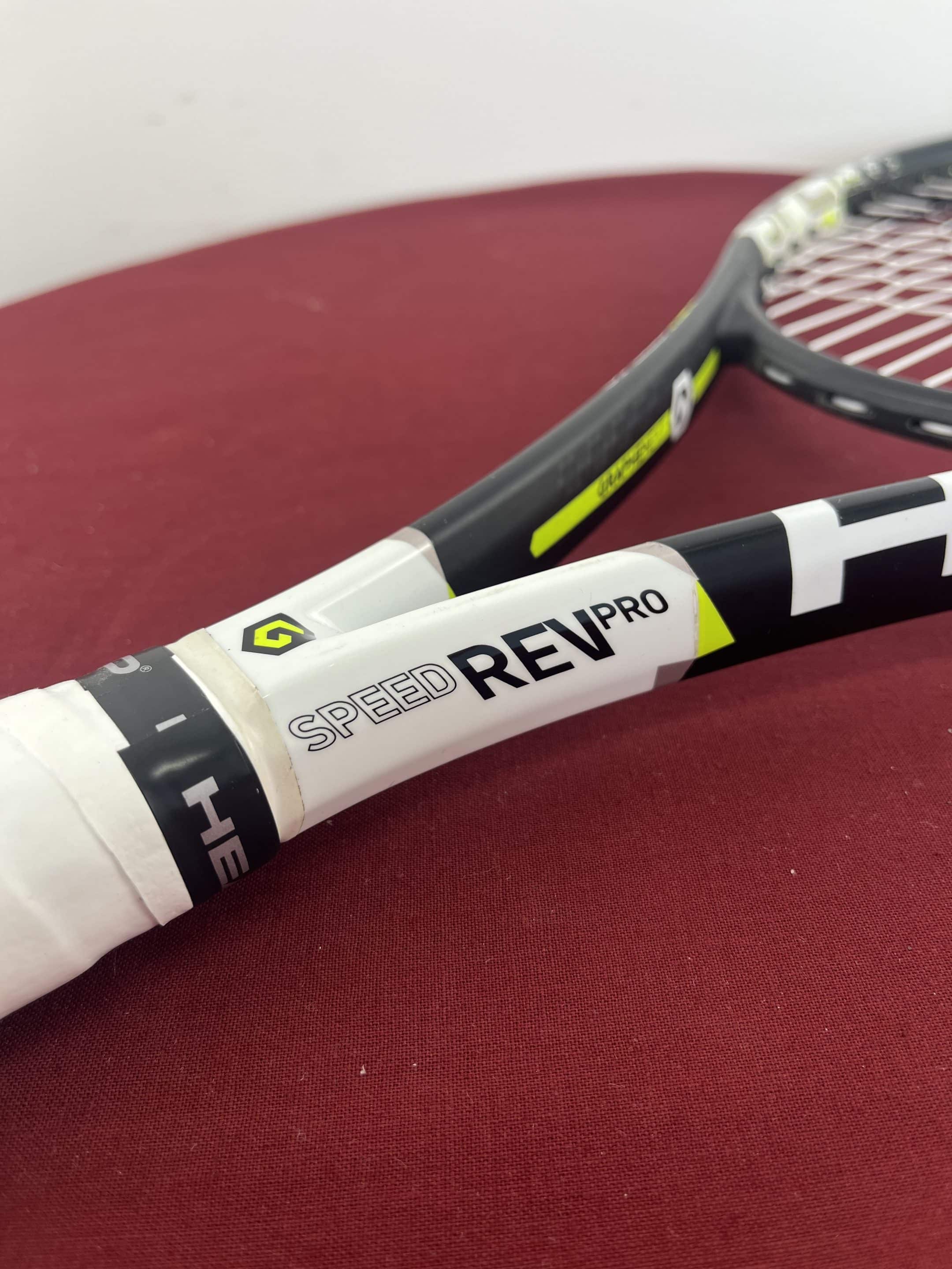 Detail view of Head Speed Rev Pro branding on racquet frame