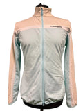 Front view of J.Lindeberg women's light blue and cream zip up track top displayed on a mannequin
