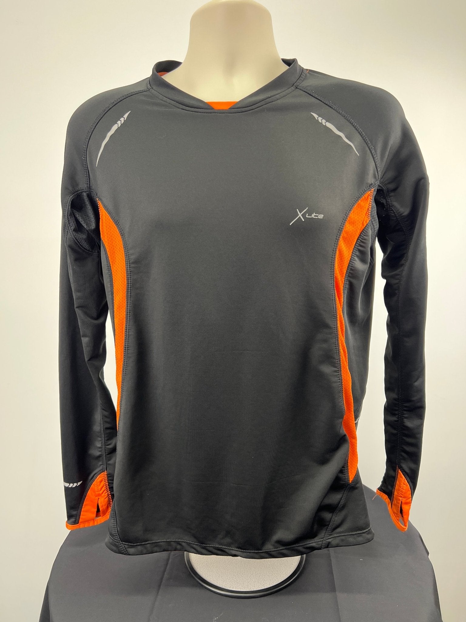 Front view of Karrimor X-Lite long sleeve black and orange running top size S