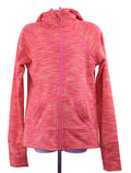 Front view of 90 Degree Girls pink and yellow zip-up hoodie with thumb holes