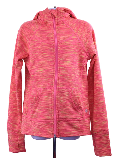 Front view of 90 Degree Girls pink and yellow zip-up hoodie with thumb holes