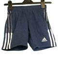 Navy adidas kids fleece shorts with white stripes and logo