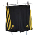 Front view of black adidas Juventus shorts with yellow stripes and logos