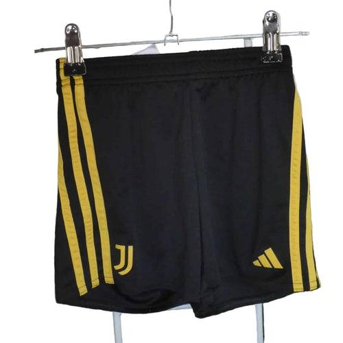Front view of black adidas Juventus shorts with yellow stripes and logos