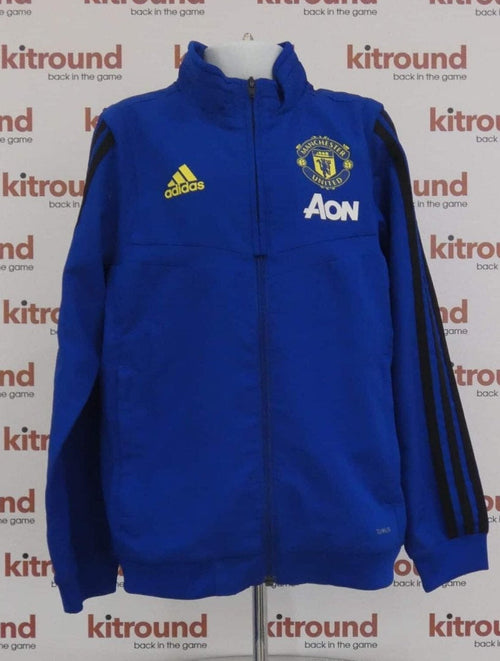 Front view of adidas Manchester United blue kids zip-up jacket with logos