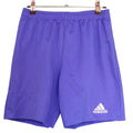 Front view of blue adidas Climalite running shorts with logo