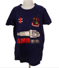 Front of Bristol Cricket Club kids navy top with club crest and AMH Motors sponsor logo